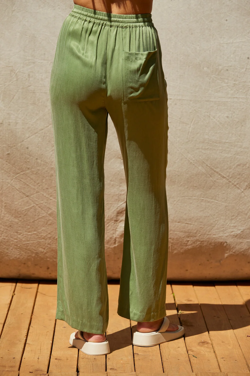 Pull On Cupro Straight Leg Drawstring Pants with Side Pockets