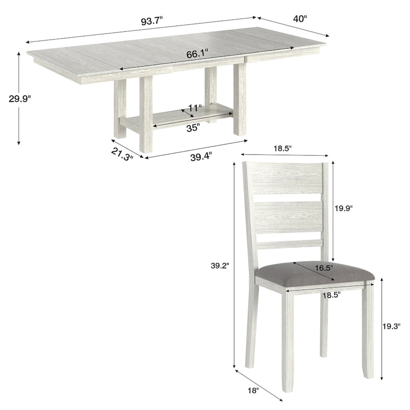 VECELO 7-Piece Dining Table Set, Thickened Solid Wood Rectangular Extendable Dining Table & 6 Solid Wood Dining Chairs