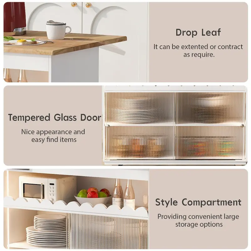 44 in. W Kitchen Island Rubberwood Drop-Leaf Countertop on 5 Wheels with Open Shelf and Wine Rack - 44