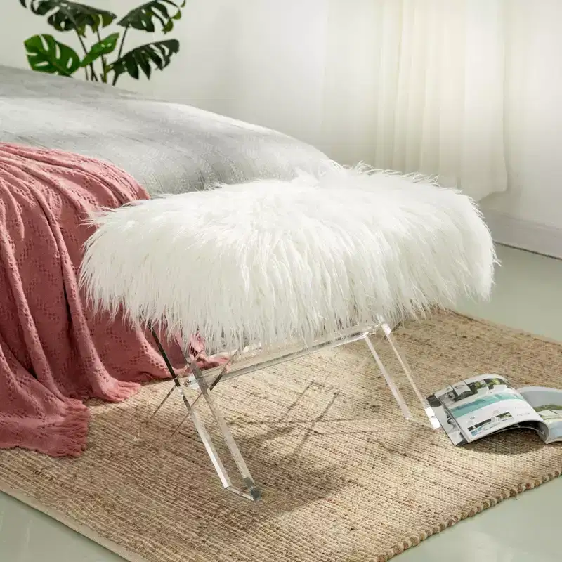 26" Faux Fur Upholstered Bench with Acrylic X Leg White - Glitzhome