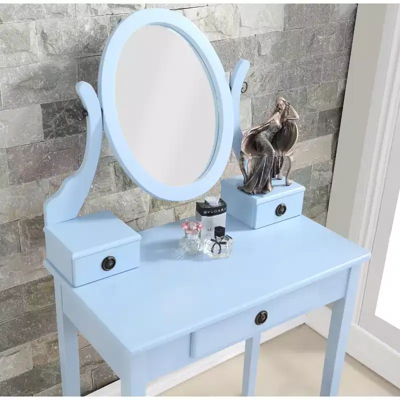 Vintage Vanity Desk with Oval Mirror, Compact Vanity with 3 Drawers and Cushioned Stool, Small Vanity Desk for Small Space