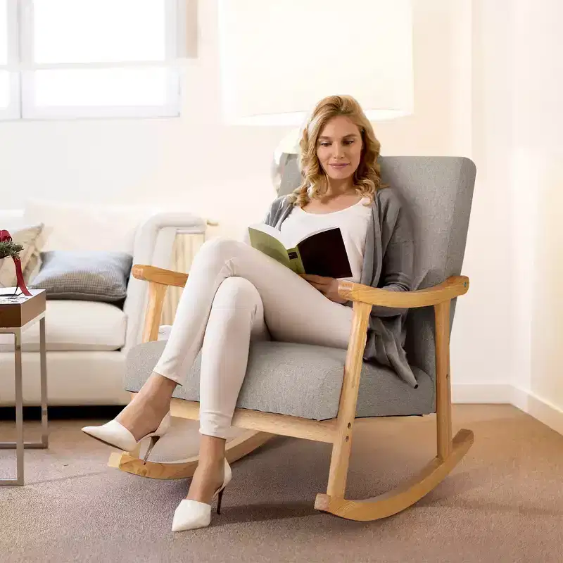 Costway Upholstered Rocking Chair with Pillow Rocking Armchair with Rubber Wood Frame Grey