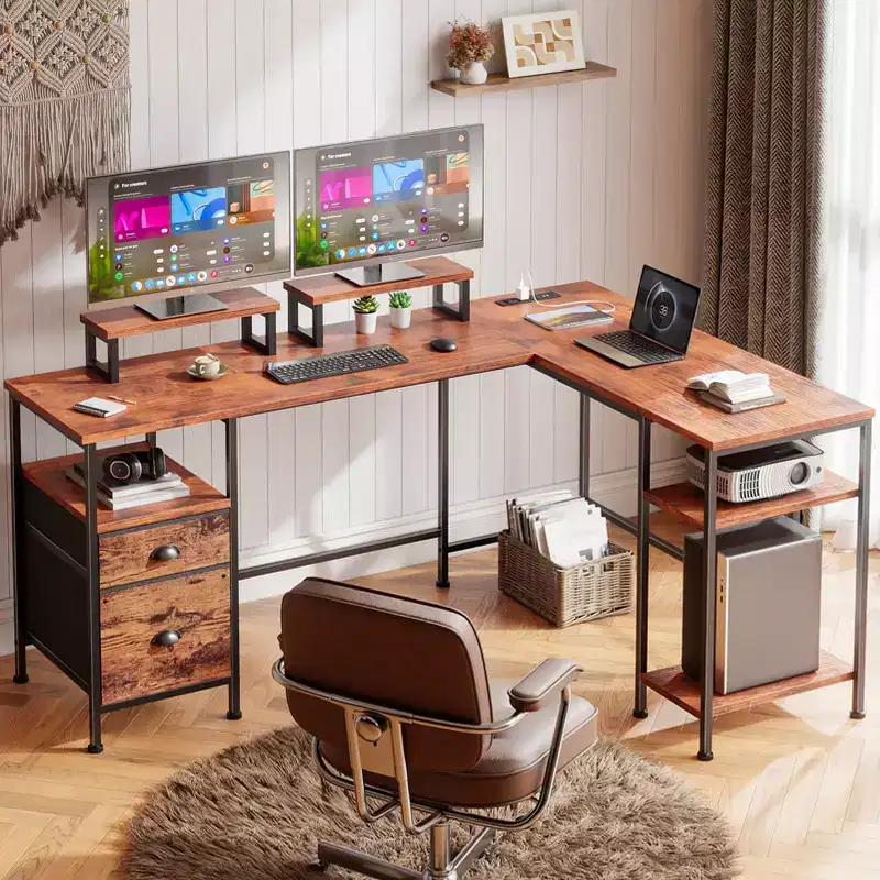 66 Inch Brown L Shaped Computer Desk with Charging Station Reversible Corner Gaming Desk File Cabinet Monitor Stand Storage Home Office Workstation
