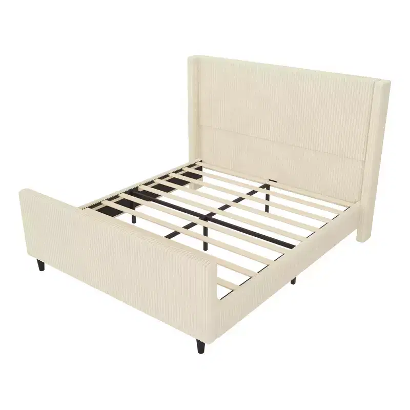 Merax Luxurious Corduroy Upholstered Bed Frame with Vertical Stripe Wingback Headboard