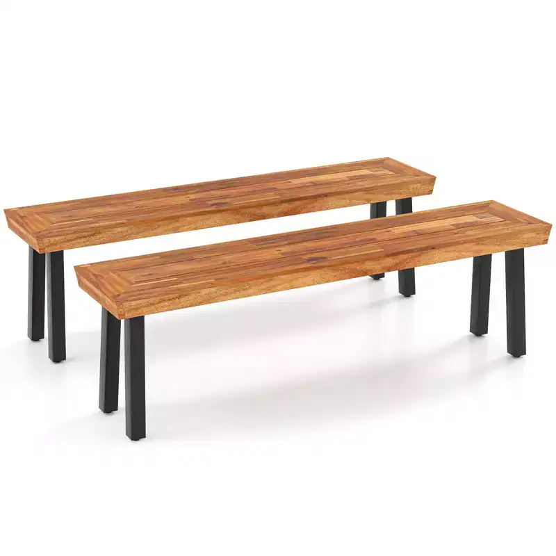 Costway Outdoor Acacia Wood Benches Set of 2 w/ Slatted Top & Flared Metal Legs