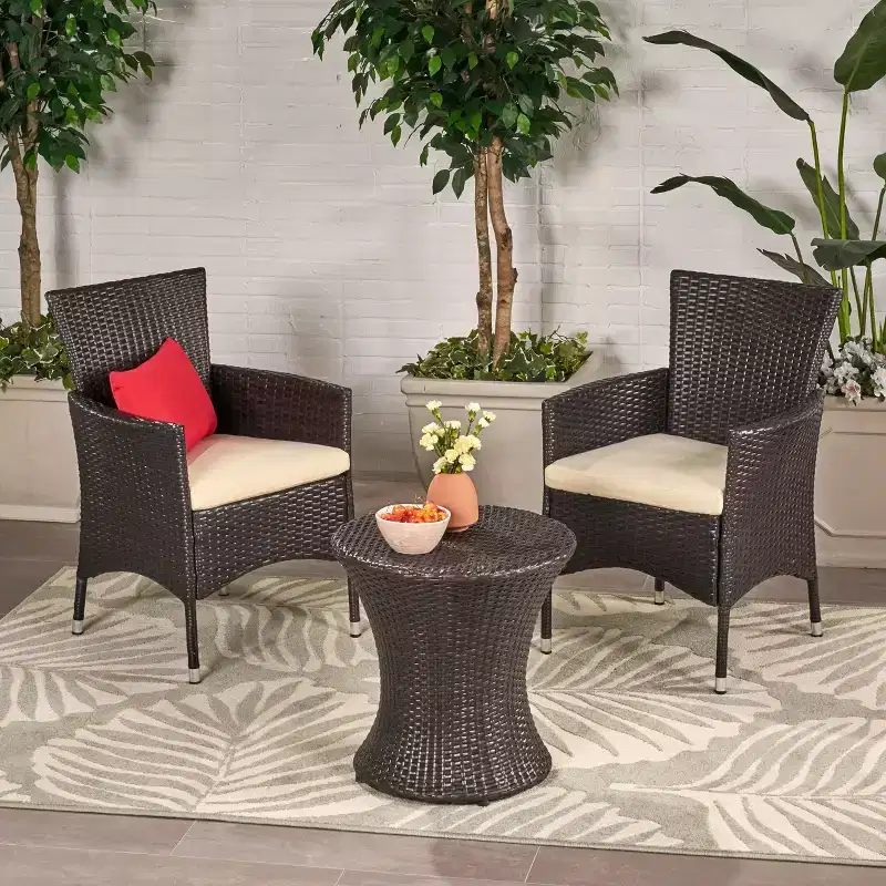 GDFStudio Jocelyn Outdoor Wicker 3 Piece Chat Set with Cushion, Multibrown/Beige