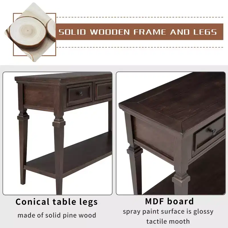 Whisen Classic Retro Style Console Table with 3-Top Drawers and Open Shelf