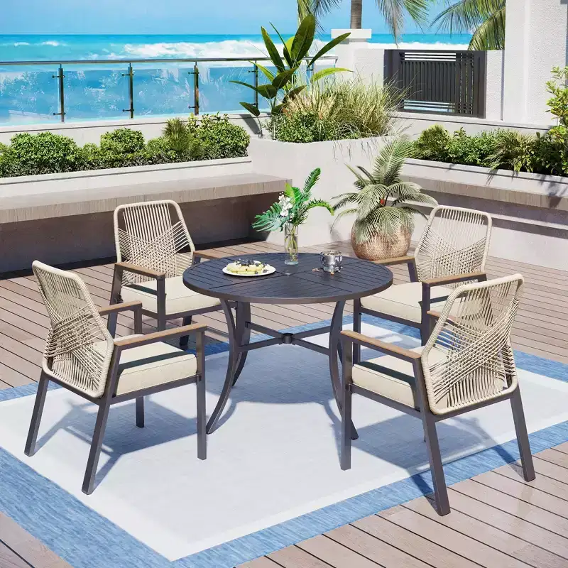 Captiva Designs 5pc Patio Slat-top Round Steel Dining Table & Beige Rattan Chairs with Thick Cushions