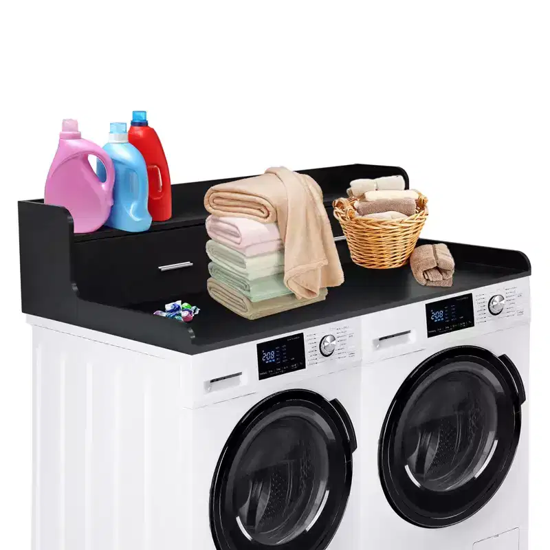 Laundry Countertop, 2-Tier Washer Dryer Countertop with 2 Drawers - 2.75'' Edge Rails, Waterproof Wood, Anti-Slip Pads (54''W27.55''D)