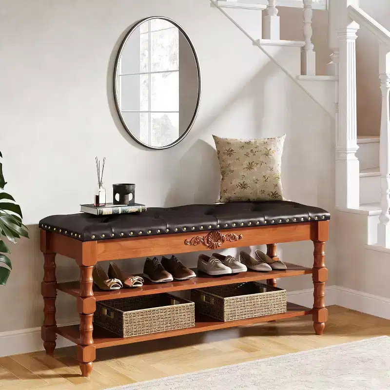Lantine Shoe Rack Bench with Flip-Top Storage and Leather Cushion, Wooden Entryway Bench for Bedroom, Mudroom, Hallway, Vintage Brown