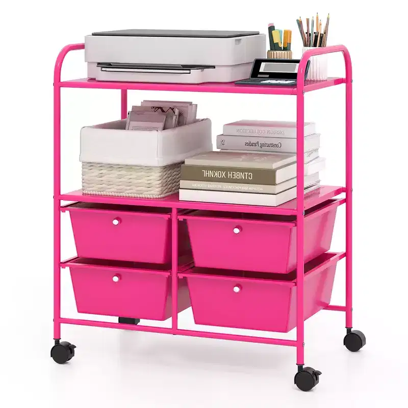 Mobile Storage Cart with 4 Drawers Scrapbook Paper Holder Office and School Organizer Shelf Multicolored/Hot Pink
