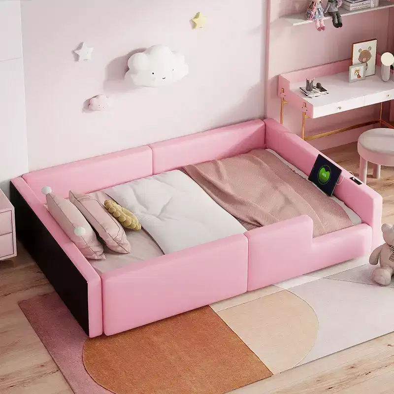 Whisen Twin Size Upholstered Platform Bed with Guardrail and Charging Station
