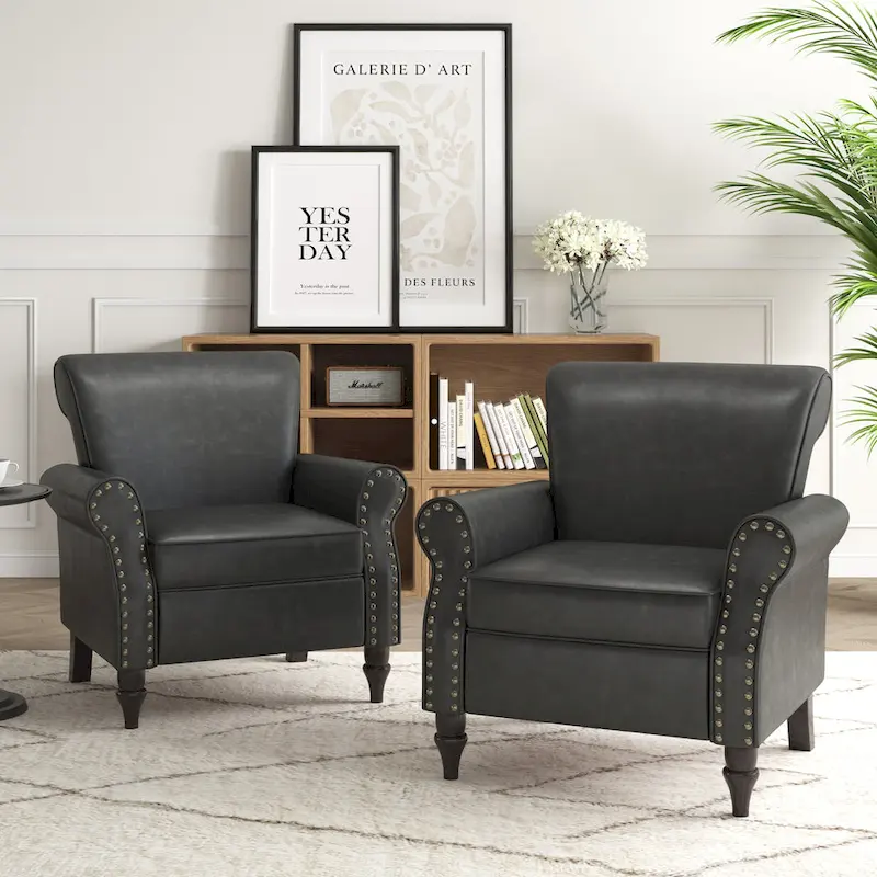 Rolled Armrests PU Accent Chair with Nailhead Trim (Set of 2)