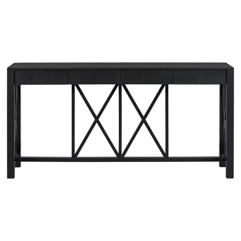 60-Inch Console Table with 4 Drawers and Open Bottom Shelf, Black
