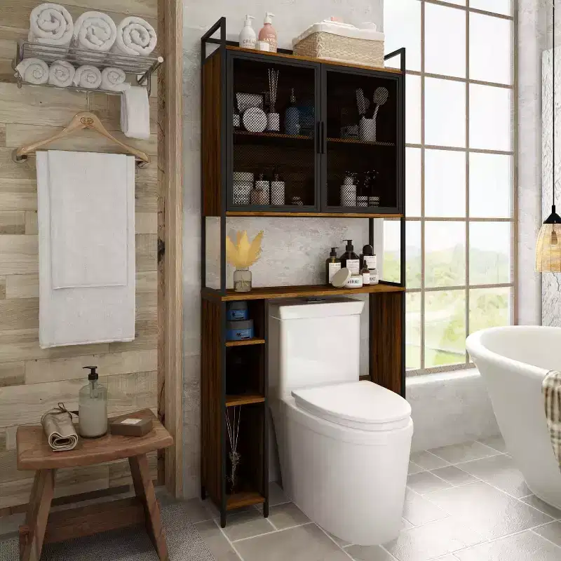 Famapy Industrial Bathroom Storage Rack with Metal Mesh Doors and Over-The-Toilet Design