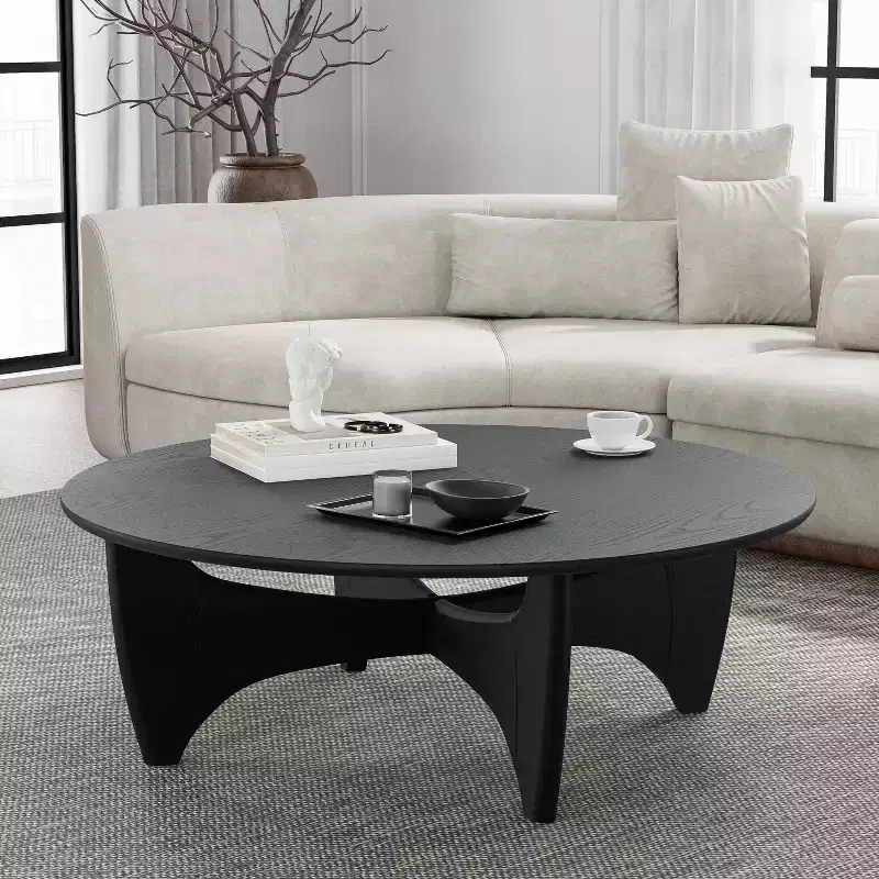 PexFix 38 Round Modern Coffee Table Farmhouse Solid Wood Tea Table with Cross Sturdy Legs for Home Office Living Room Black
