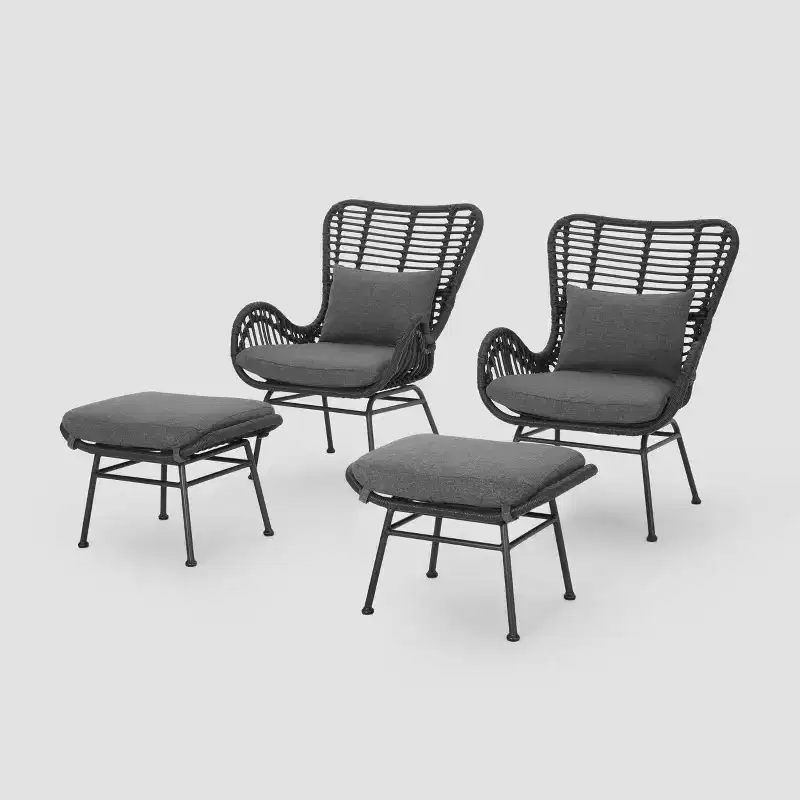 Chalet Modern Boho Chat Set Gray - Christopher Knight Home: Wicker & Metal Frame, 4-Piece Patio Ensemble