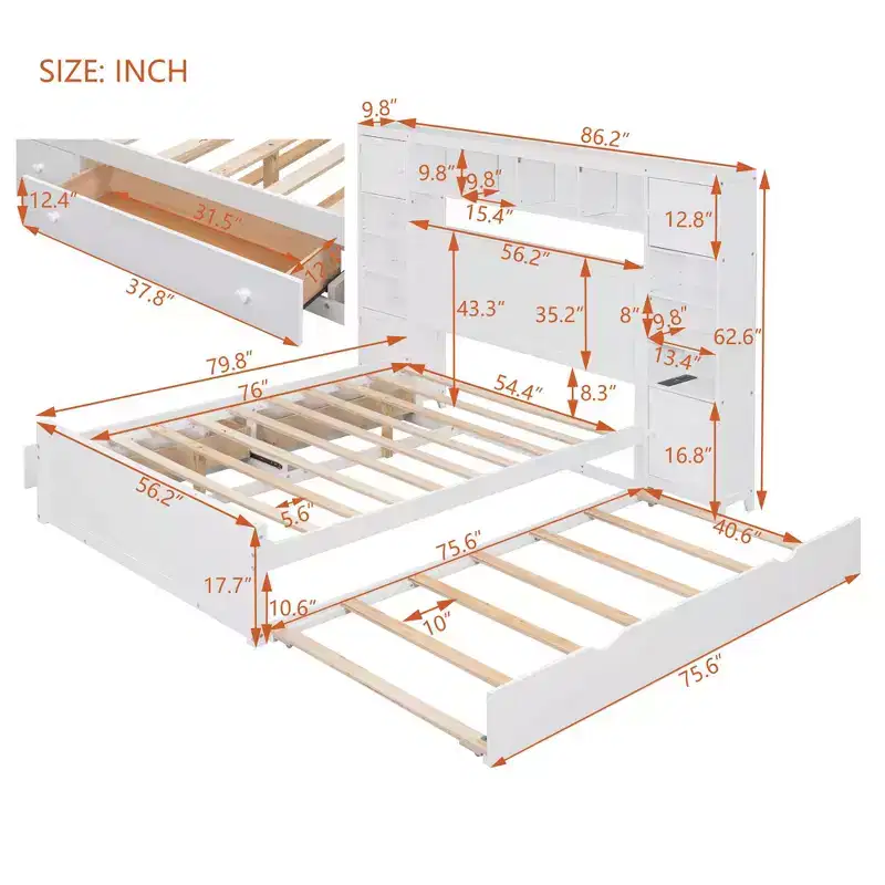Full Size Wooden Bed With All-in-One Cabinet Shelf and Sockets Twin Size Trundle White