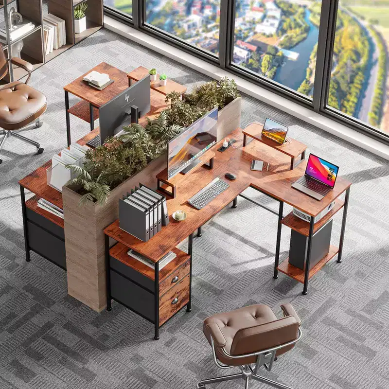 59 Inch Brown L Shaped Computer Desk with Charging Station Reversible Corner Gaming Desk File Cabinet Monitor Stand Storage Home Office Workstation