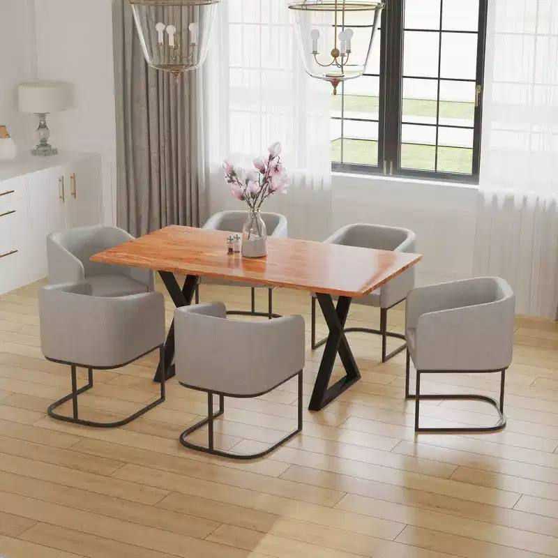 Royal Hampton 67 Inch Rectangular Dining Table with Crossed Metal Legs and Faux Live Edge Acacia Wood Top