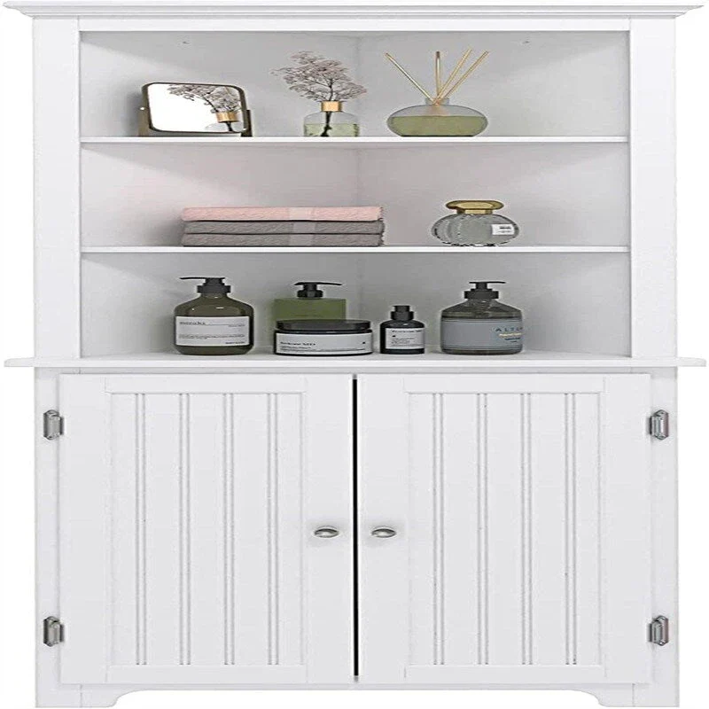 Corner Storage Cabinet with Double Doors & Adjustable Shelves – White, Wood Finish, Beaded Panel, Vintage Style