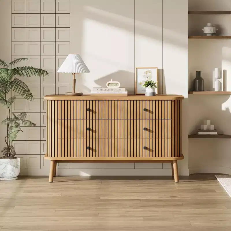 COZONY Boho 6-Drawer Double Dresser with Black Handles, Natural Wood Storage Chest for Bedroom, Living Room & Hallway