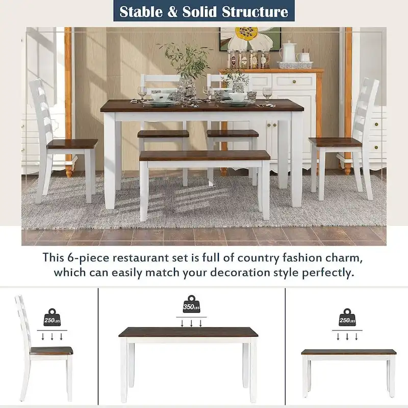 60 Farmhouse Rectangular Dining Table with 4 Upholstered Chairs and Bench