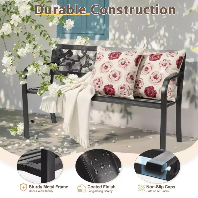 Karl Home | 50-Inch Black Metal Bench with PVC Rose Backrest