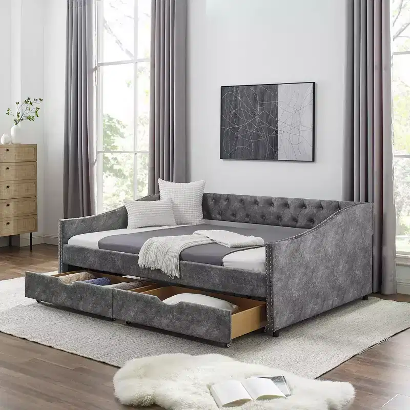 Full Size Upholstered Button Tufted Sofa Bed with Drawers and Waved Shape Arm, Gray - ModernLuxe