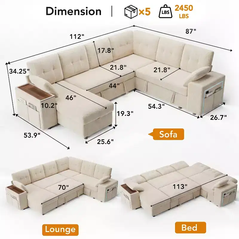 Dyonery 112 Modular Sectional Sleeper Sofa with Pull Out Bed,U-Shaped Sectional Couch with Storage,Extra Wide & Deep Seat Couches for Living Room