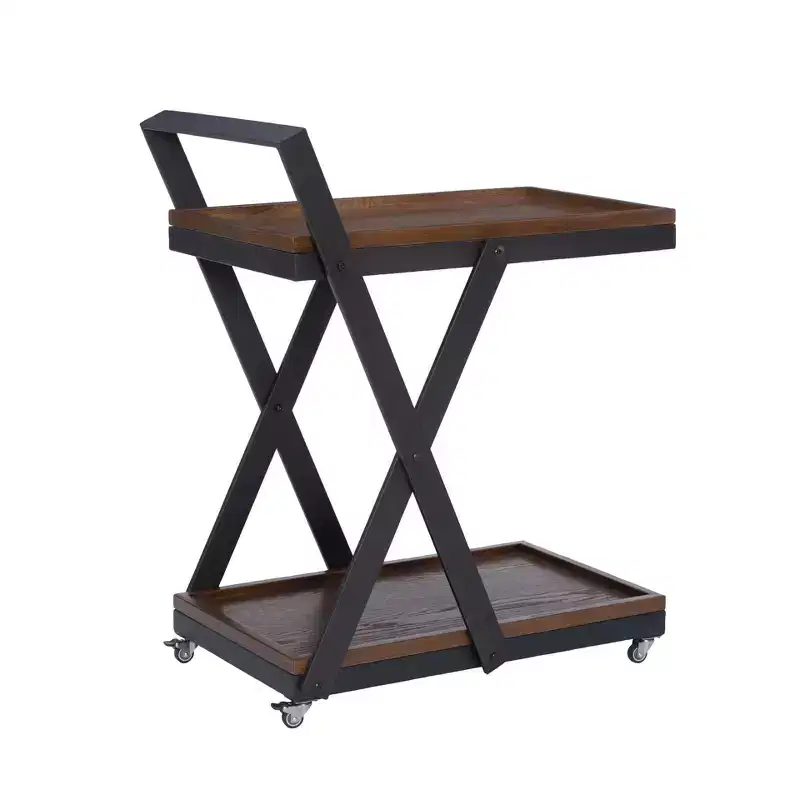 Dafred Rustic Farmhouse 4-Caster Bar Cart Dark Umber Wood and Dark Gunmetal - Powell: Indoor Serving Cart with Fixed Shelves