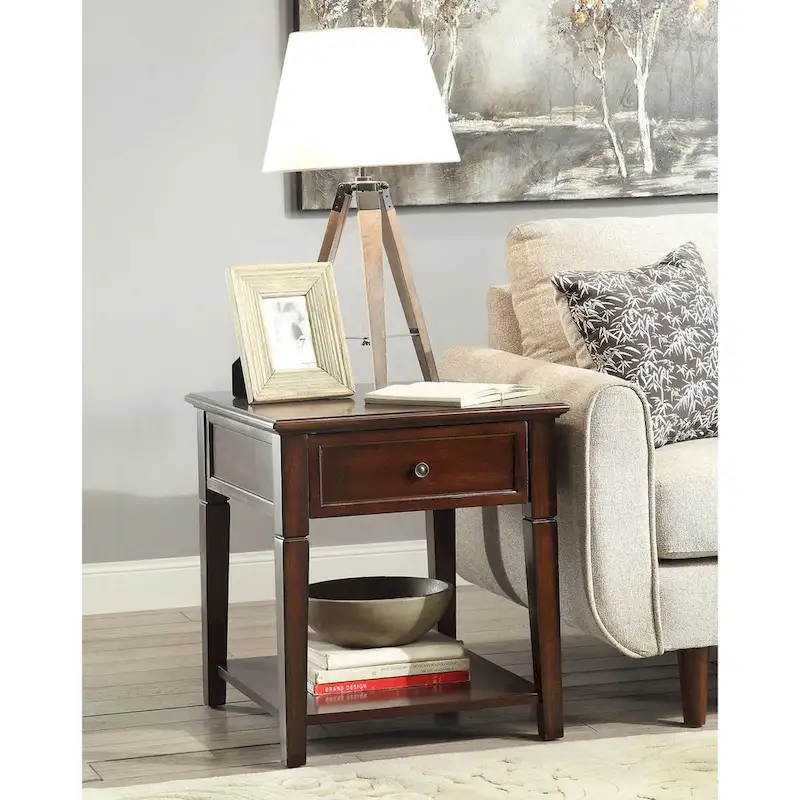 Rectangular End Table with Drawer and Open Shelf – Walnut, Wood Top, 1-Unit