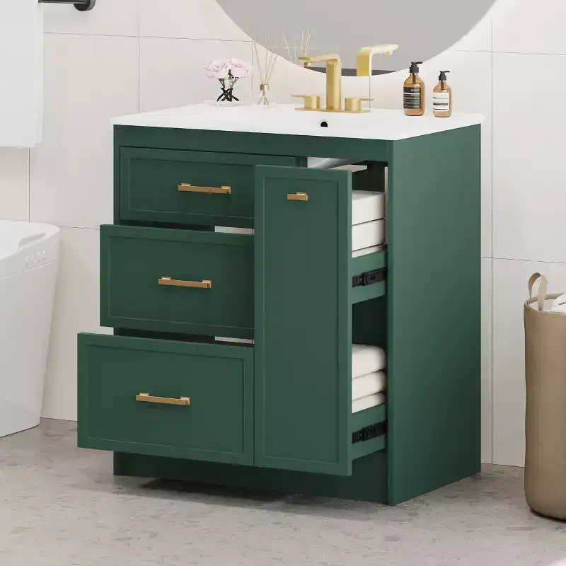 Bathroom Vanity With Single Top Sink, Freestanding Modern Bathroom Storage Cabinet With 3 Drawers, Single Sink Vanity For Small Space Bathroom Green