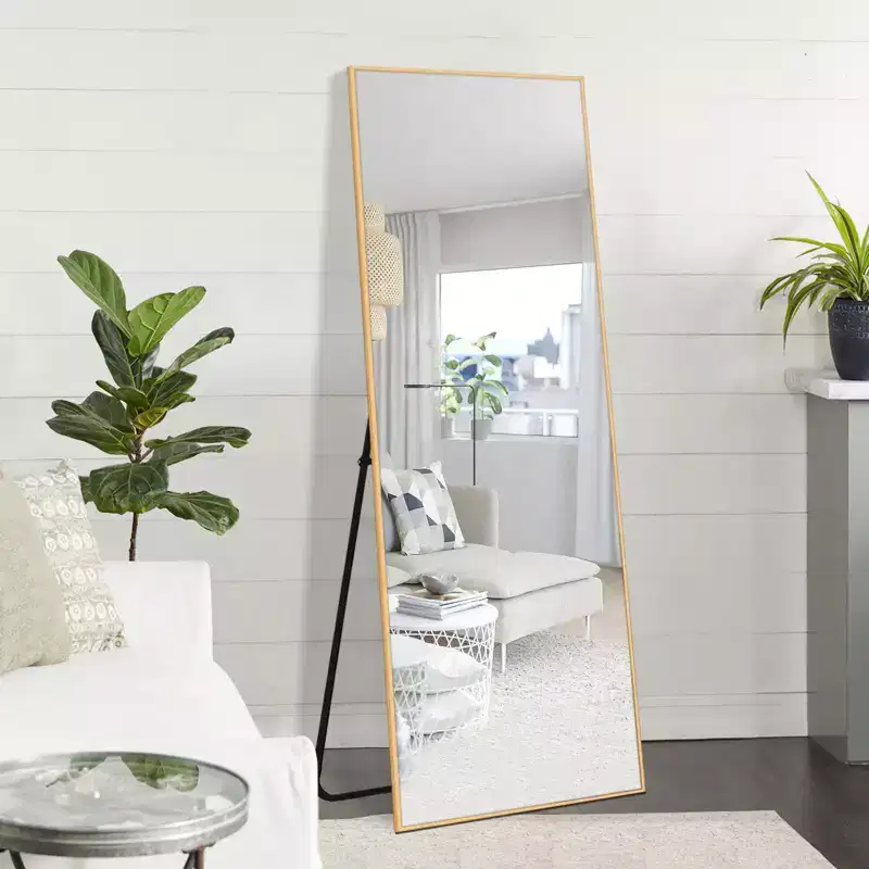 Full Body Rectangle Corner Aluminum Alloy Mirror with Stand for Living Room Bedroom
