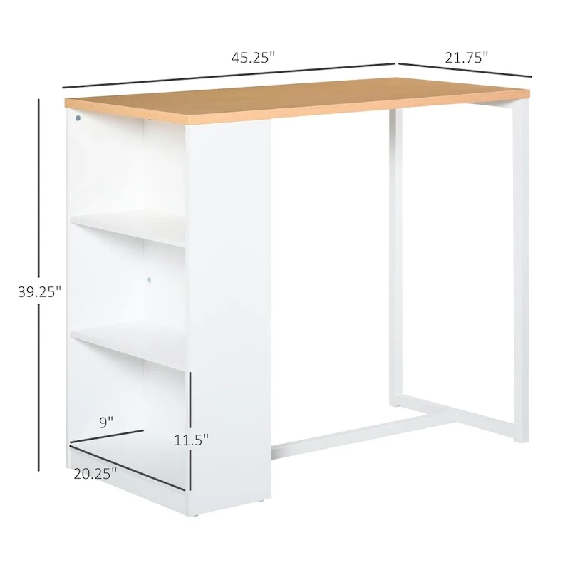 Bar Table with 3-Tier Storage Shelf | Metal Frame | Thick Tabletop | Kitchen Pub Desk | White