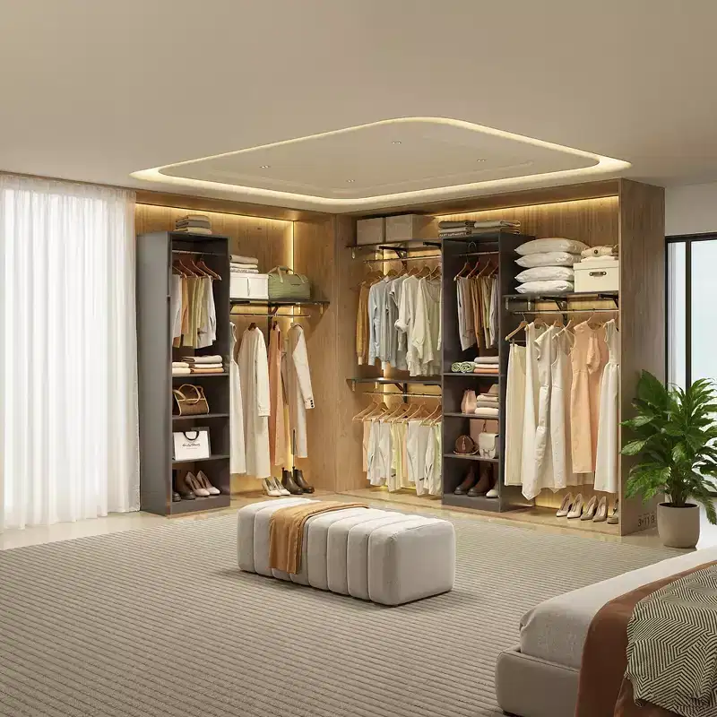 Gray 96x16x75 Heavy Duty Wood Closet Organizer - 4 Rods & 5 Shelves, Fits 5-10 ft Spaces
