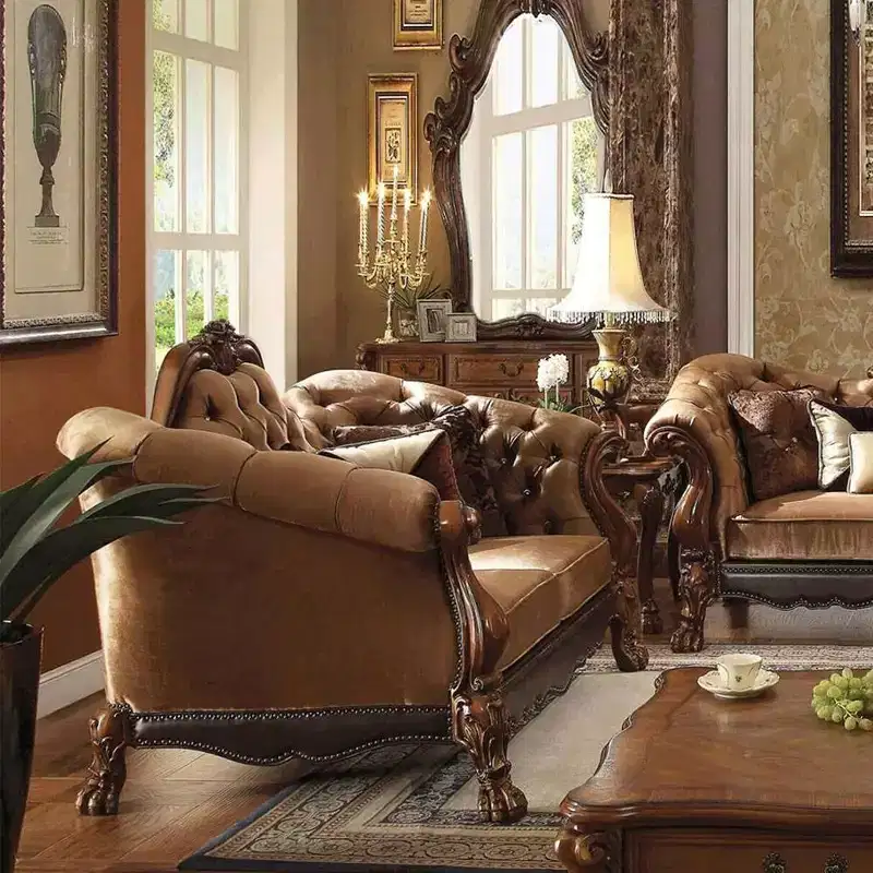 2-Seat Loveseat Sofa in Golden Brown Velvet with Cherry Oak Finish and 5 Accent Pillows