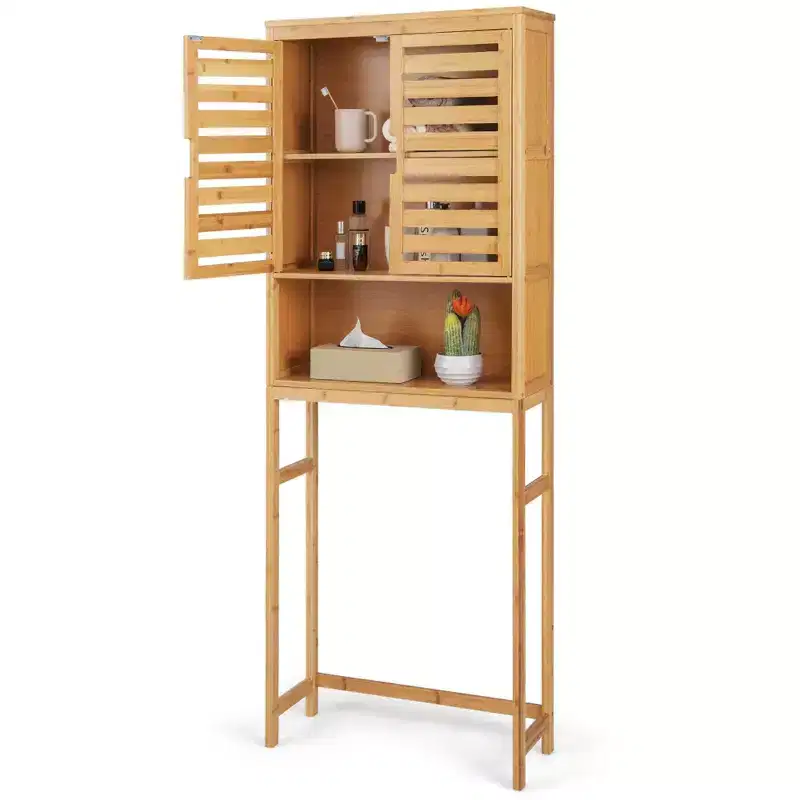Over the Toilet Storage Cabinet Tall Bathroom Bamboo Shelf Organizer Space Saver