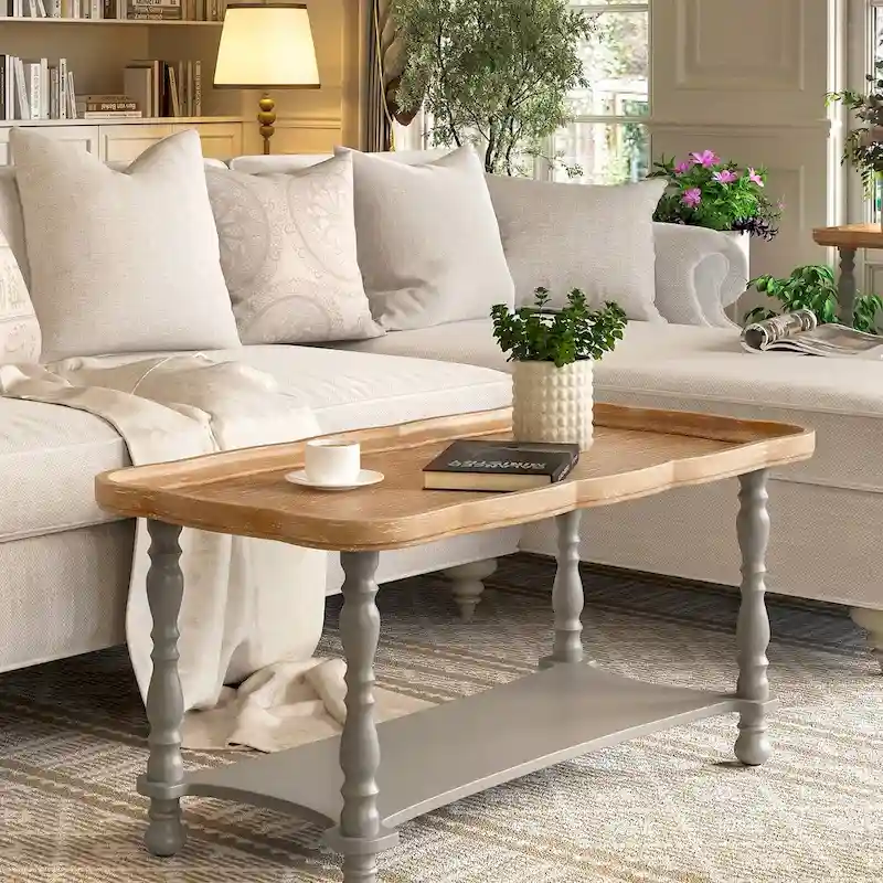 French Farmhouse Coffee Table with Natural Tray Top and Shelf