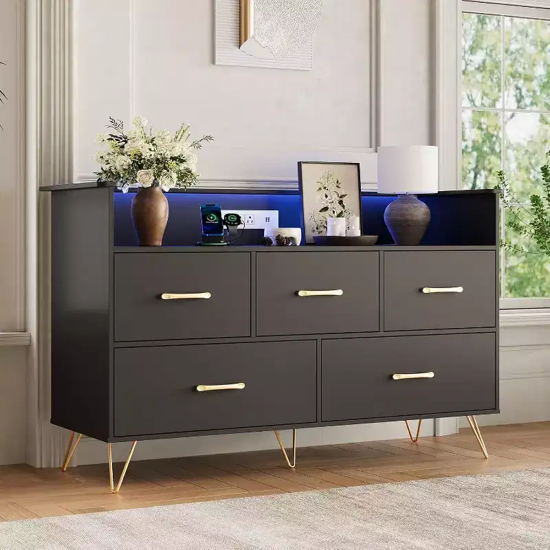 5-Drawer Dresser with LED Lights and Charging Station