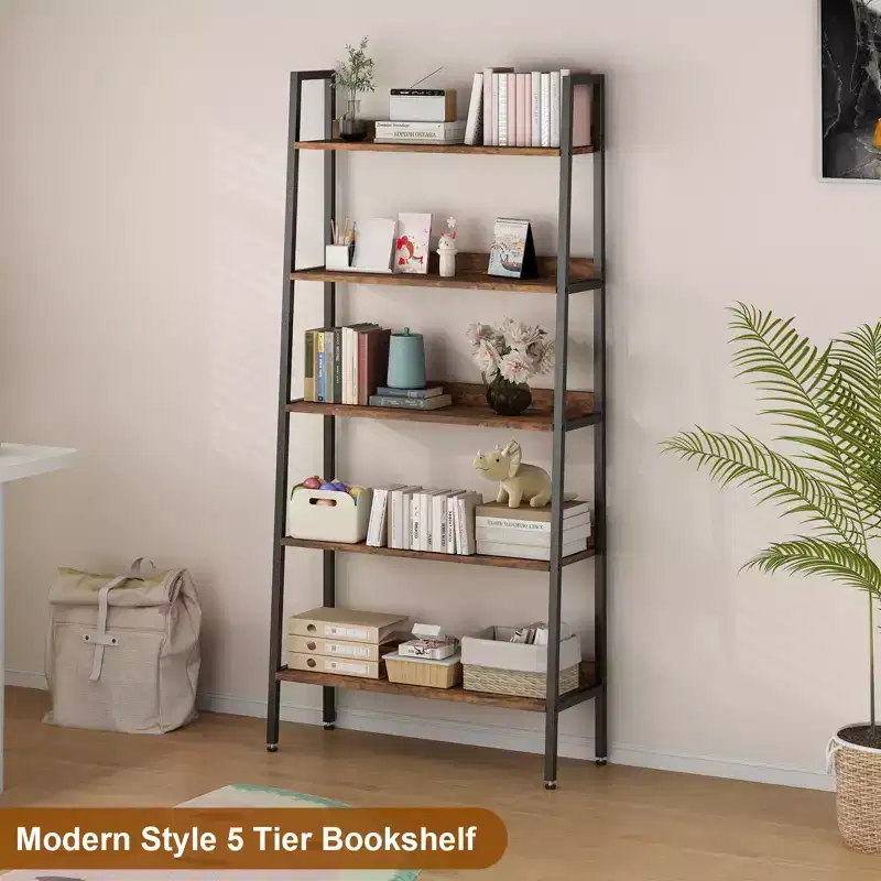 5 Tier Bookshelf, 67 Tall Narrow Bookcase with Metal Frame, Rustic Brown Storage Organizer for Bedroom Kitchen Living Room