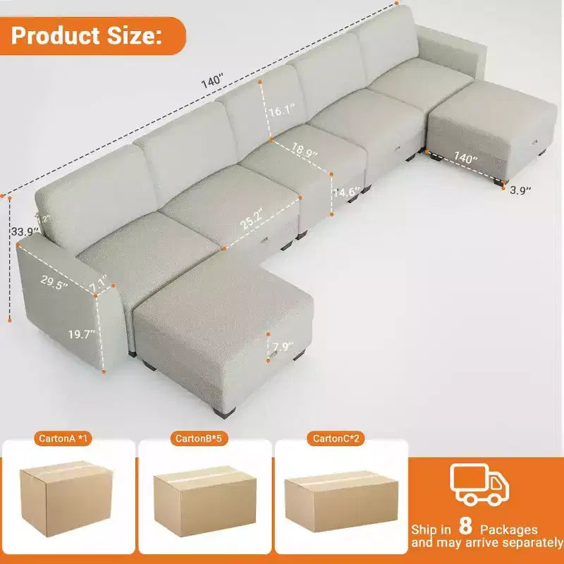 GustoWave 140 Modular Sectional Sofa with Storage Ottomans, U Shaped Convertible Sleeper Sofa, 7-Seat Modern Corduroy L Shaped Couch