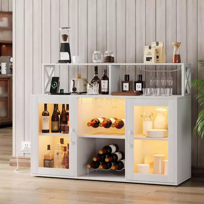 Home Bar Liquor Cabinet Freestanding Wine Bar Cabinet with LED Light and Power Outlets, with Wine Rack and Glass Holder