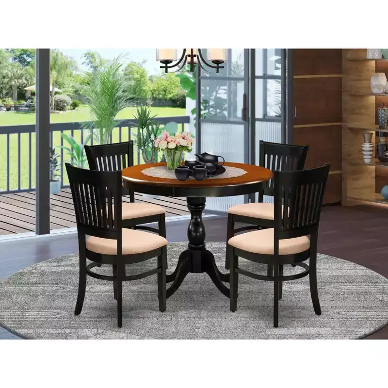 HomeStock Round Kitchen Table Set Black Cherry Linen Chairs
