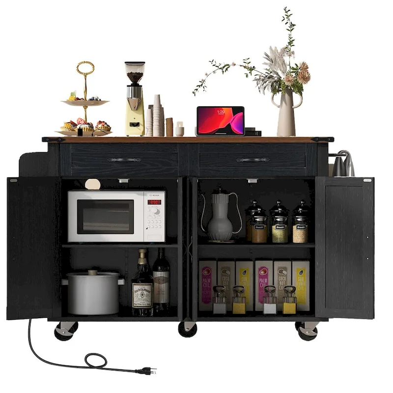 53.5 Farmhouse Kitchen Island Cart with Power Outlet, Drop Leaf, Spice Rack, and 2 Drawers, 5 Wheels