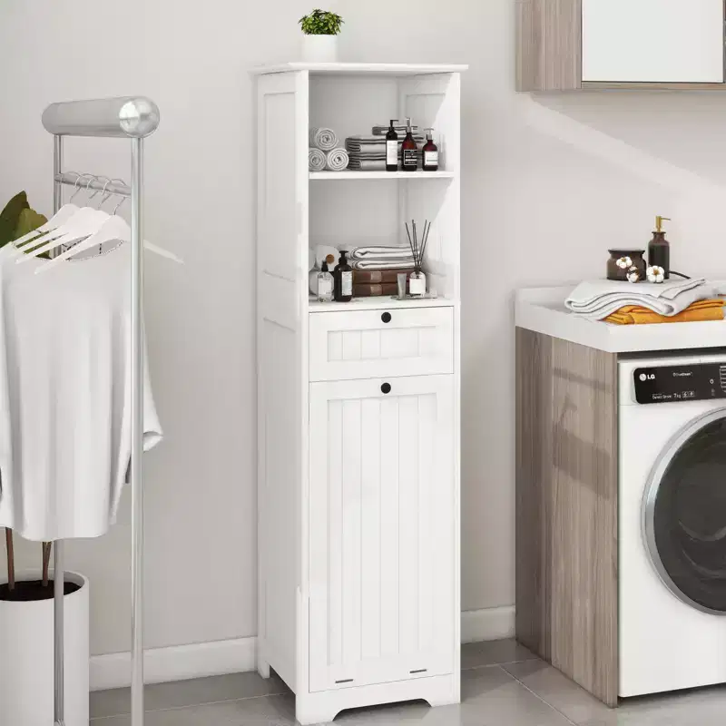 Storage Cabinet with One-Drawer and Open Shelf, Tilt-Out Laundry Sorter Cabinet for Bathroom, Living Room, White