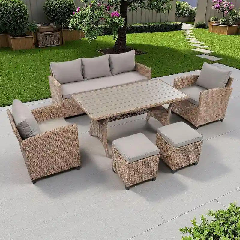 6-Piece Outdoor Patio Rattan Sofa Set with Dining Table, Chair, and Stools