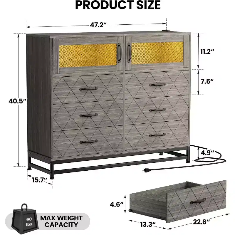 1PC 6-Drawer Dresser with USB Ports & RGB Lights - 2-Door Storage Cabinet for Bedroom/Living Room