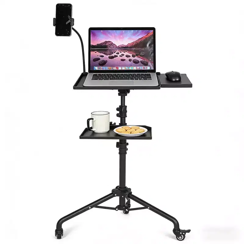 Projector Stand with Wheels, 23 to 49 Inch Adjustable Height Laptop Tripod Stand with Gooseneck Phone Holder, Portable Floor Stand for Office, Stage