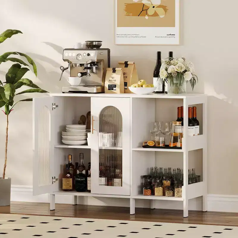 Buffet Sideboard Cabinet, Wooden Storage with Glass Doors, Two Metal Handle, Storage Cabinet with Adjustable Shelves, Modern Sideboard